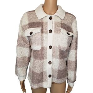 Coze Fleece Faux Fur Sherpa Sweater Button‎ Up Pockets Brown White Mefium